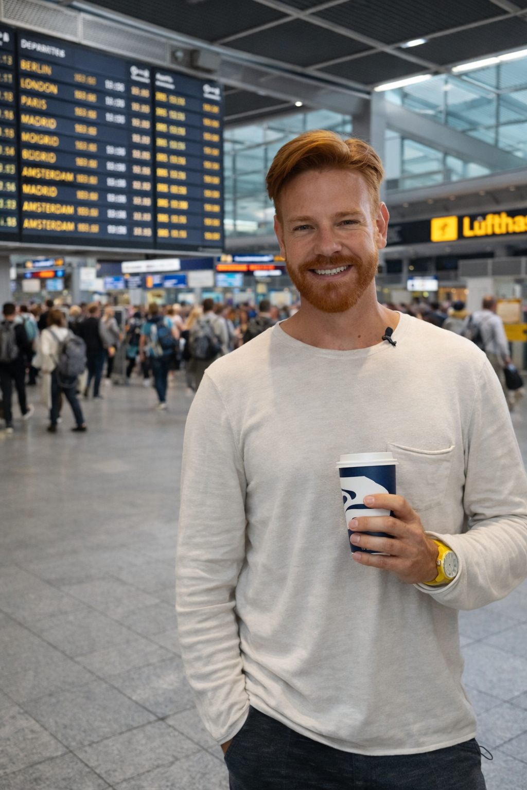 Lipe em aeroporto europeu, representando a etapa de compra e embarque da viagem para a Europa