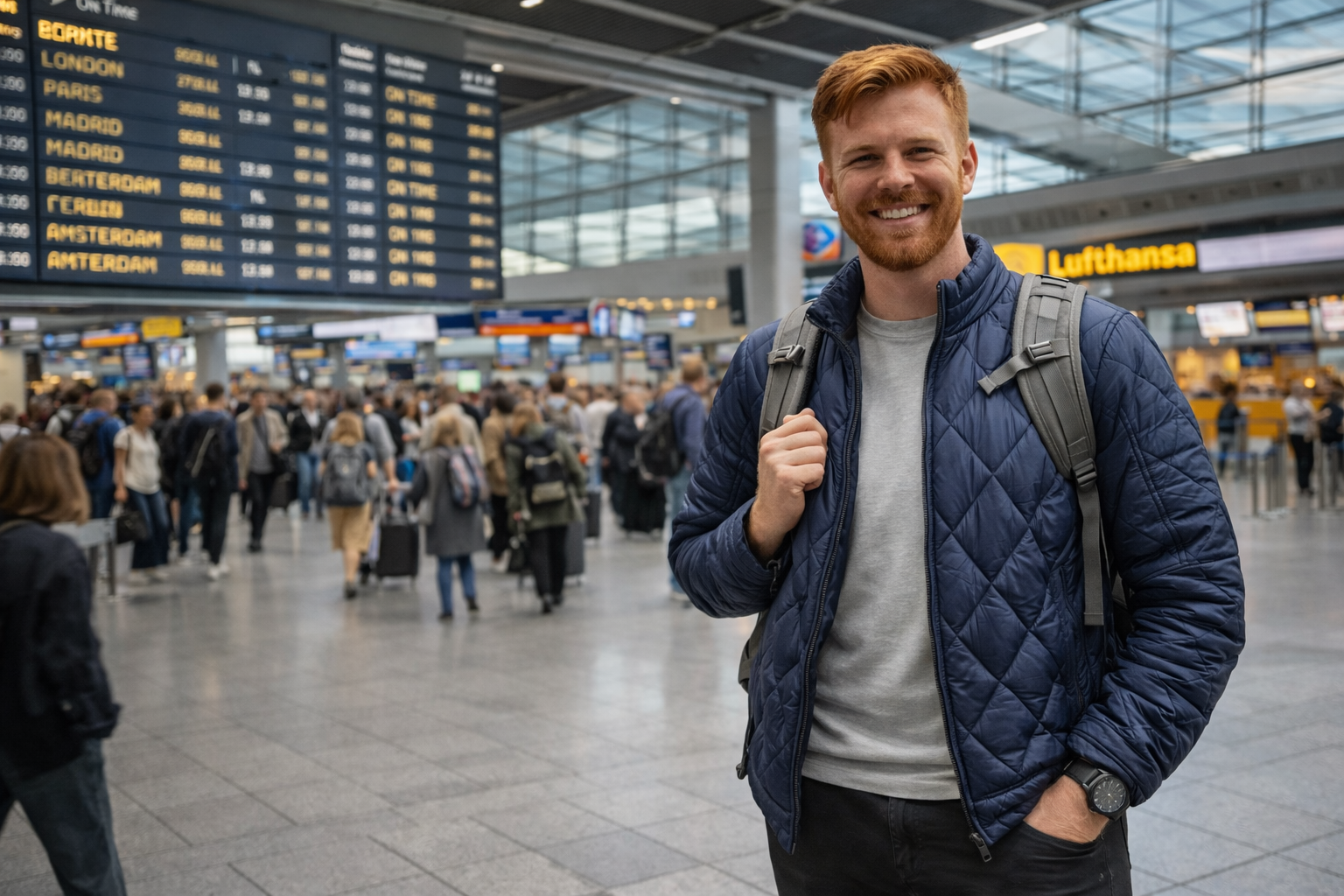 Lipe em aeroporto europeu, reforçando a etapa de reserva de voos e embarque para a Eurotrip