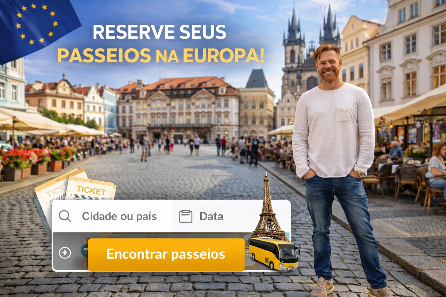 Arte sobre reservar passeios na Europa com interface de busca e cenário urbano europeu