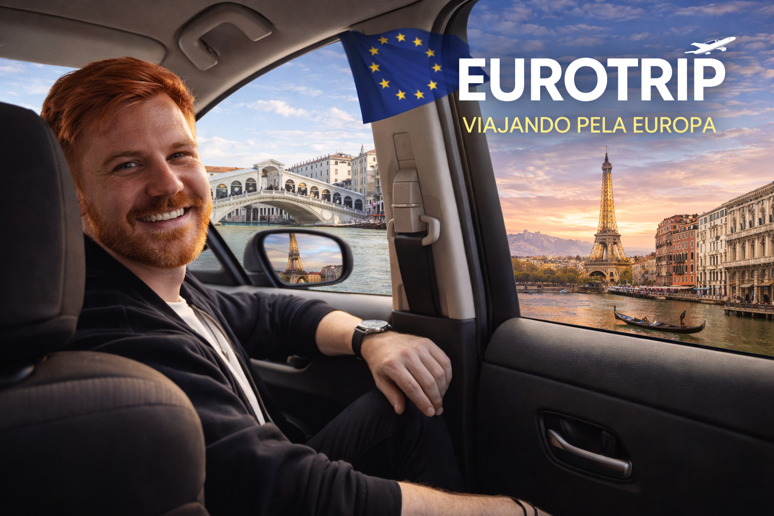 Lipe viajando de carro pela Europa, representando roadtrip e deslocamentos cênicos entre cidades