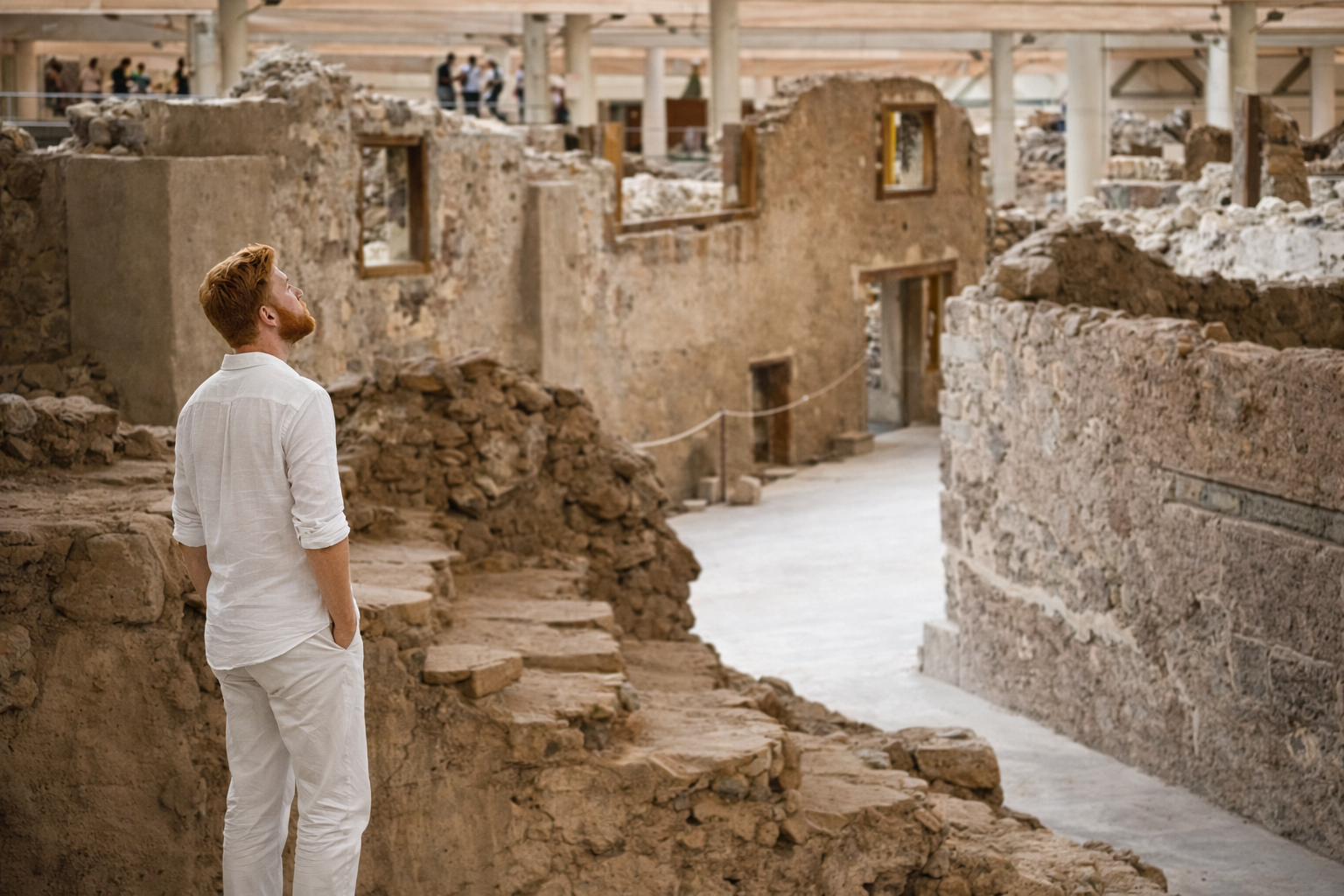 Lipe observing ruins in Greece, reinforcing the historical and cultural dimension of the trip