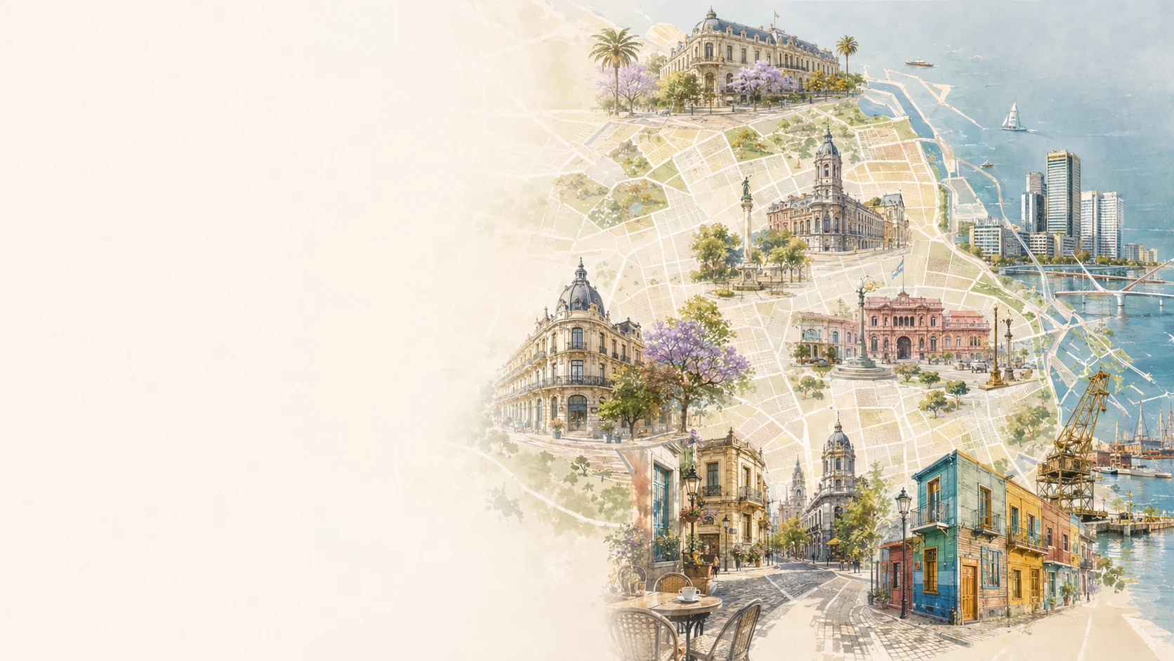 Illustrated map of Buenos Aires with key neighborhoods and city landmarks