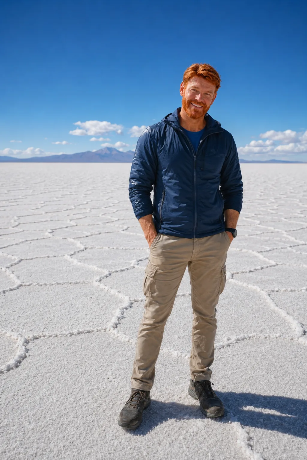 Lipe en el Salar de Uyuni seco con polígonos de sal
