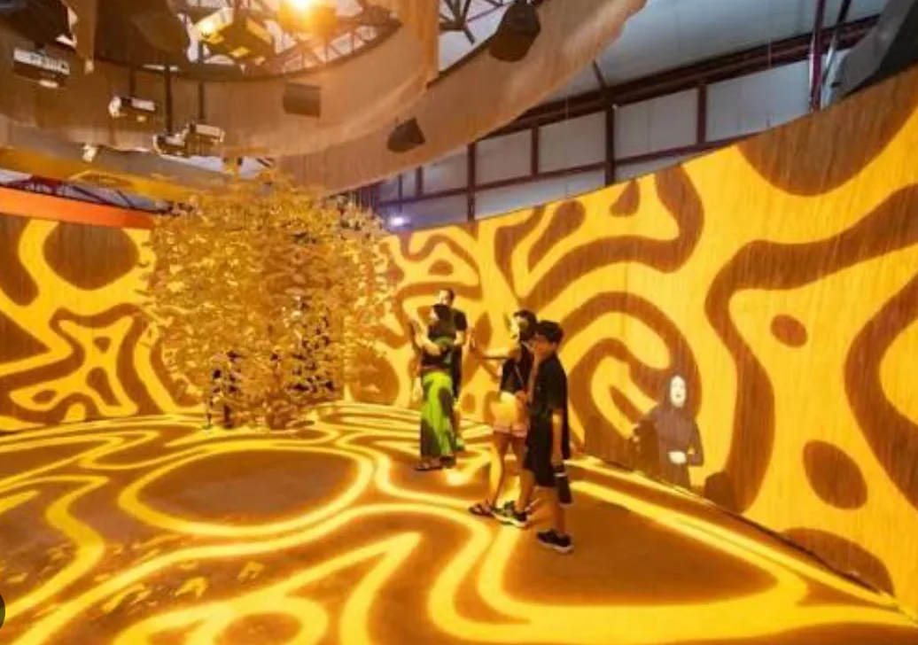 Sala inmersiva con proyecciones doradas en el Museu das Amazônias