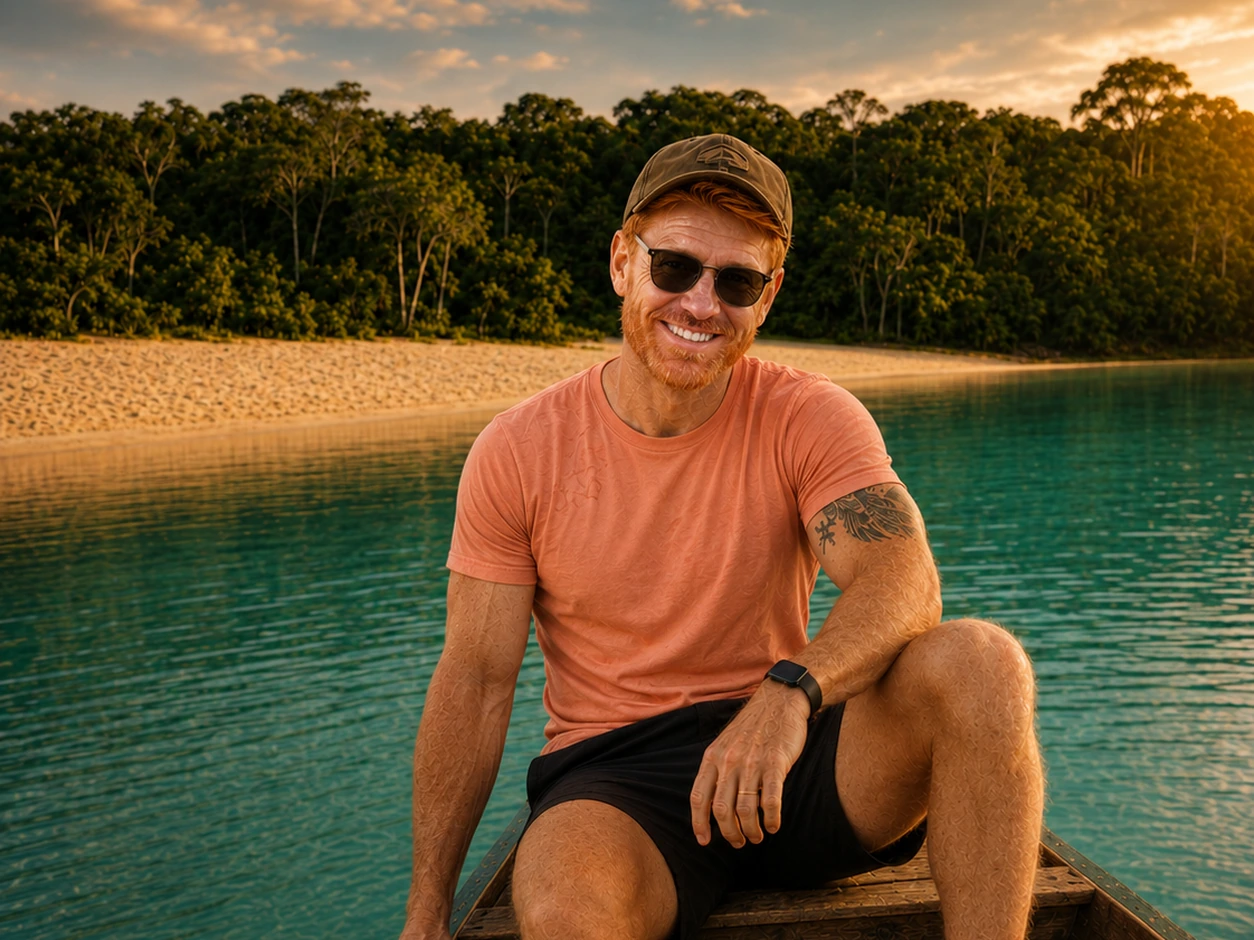 Lipe en una pequeña embarcación en las aguas de Alter do Chão al atardecer