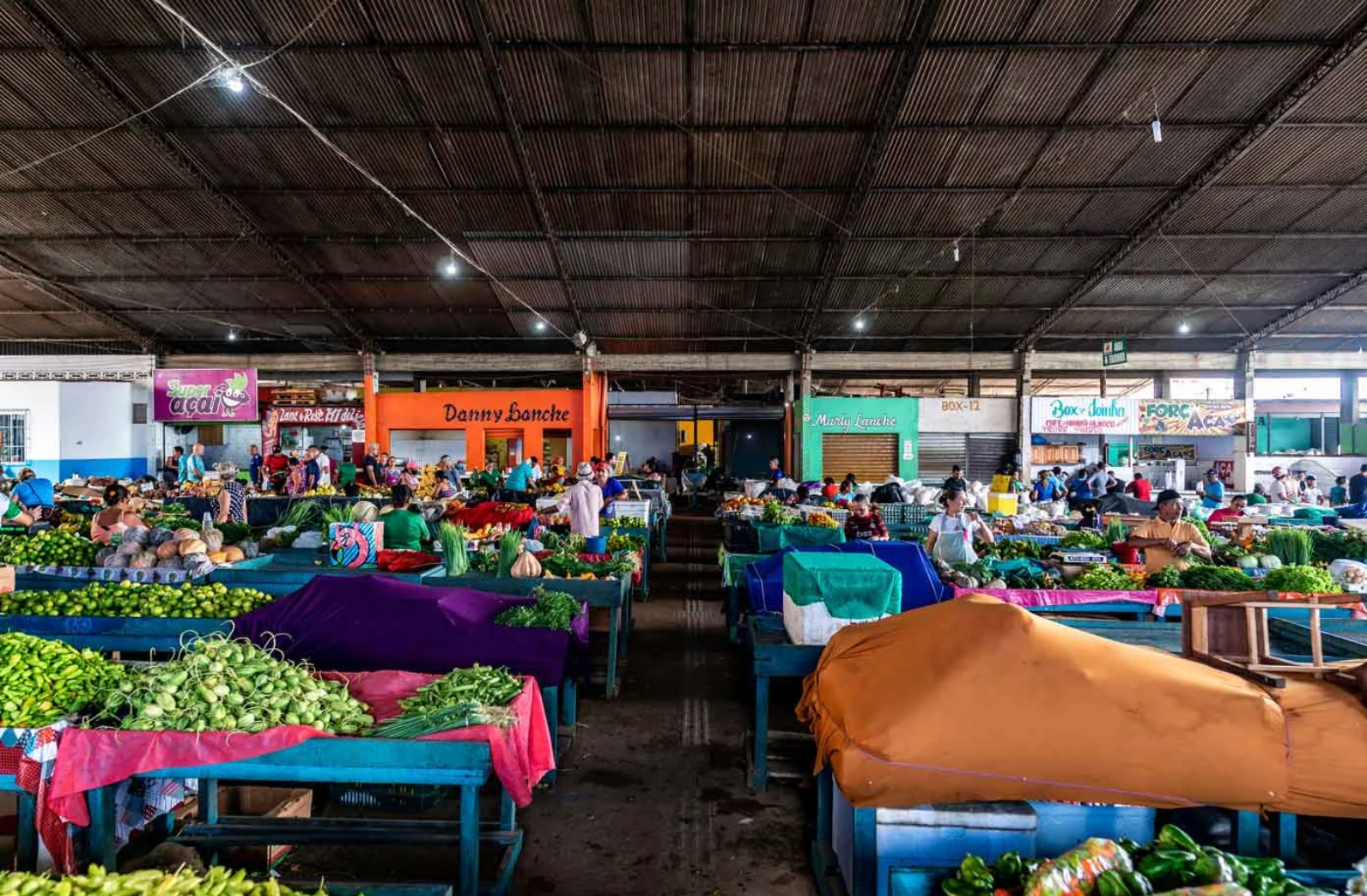 Mercado de Santarém con puestos y productos regionales
