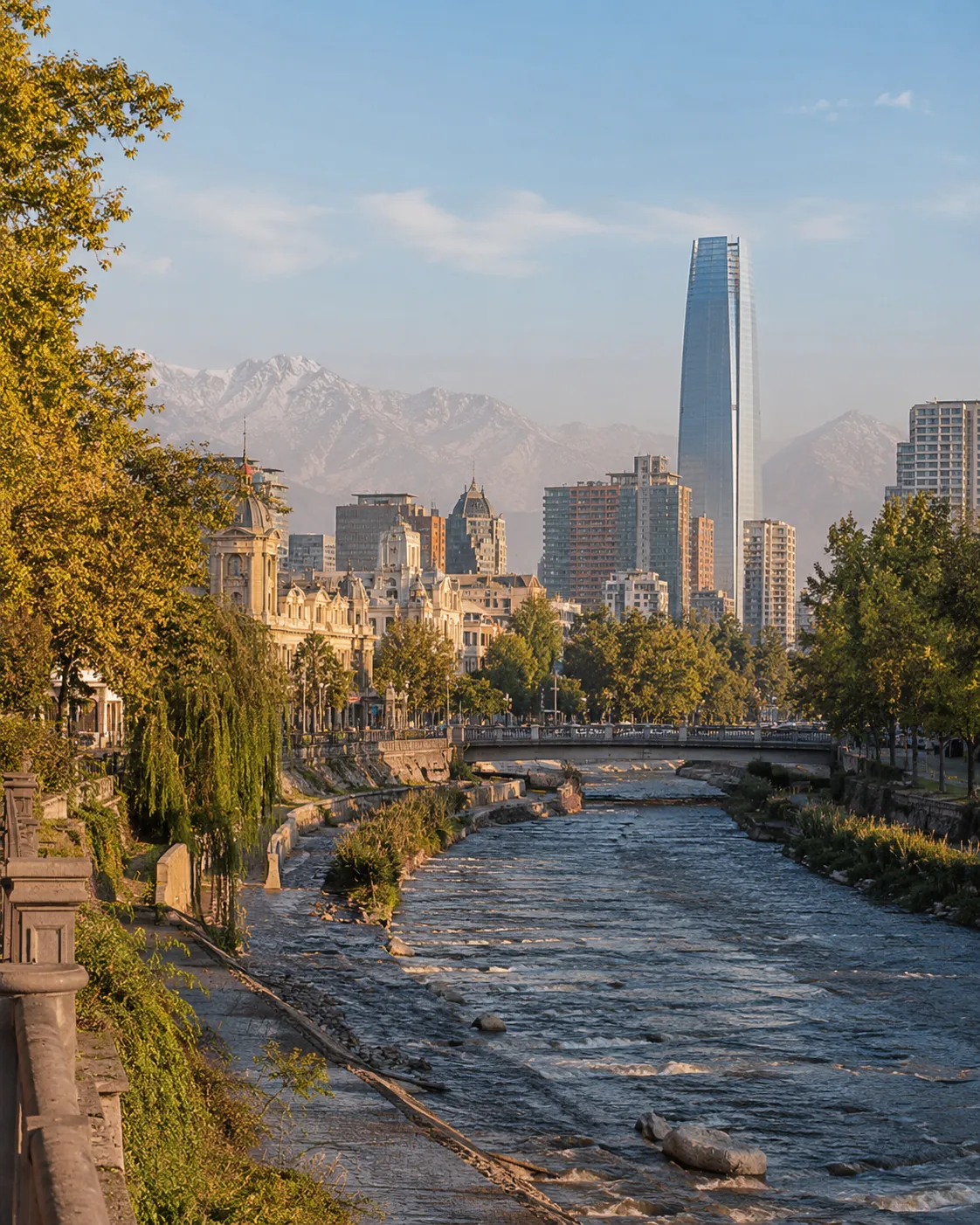 Río Mapocho, skyline y Cordillera en Santiago
