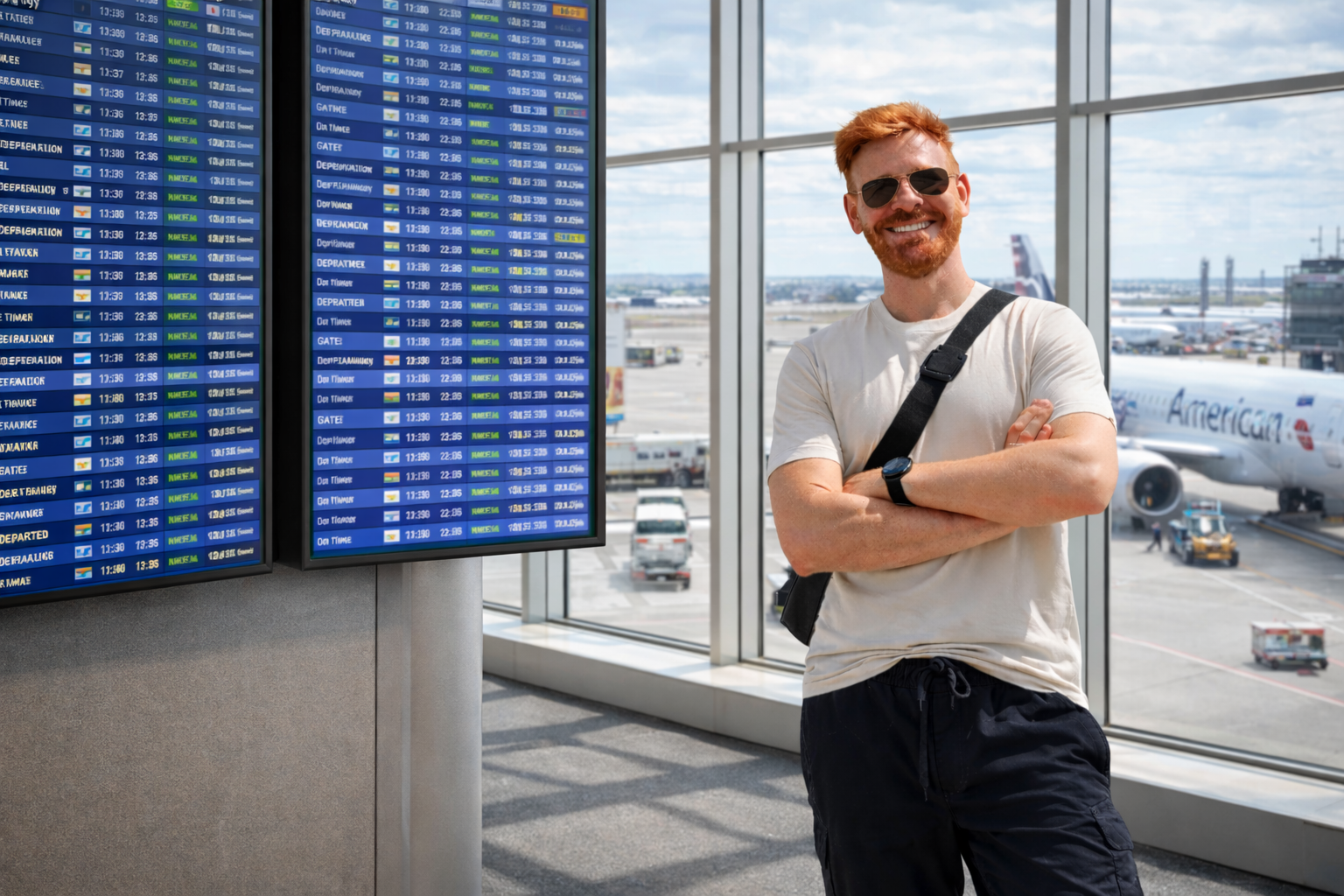 Lipe ao lado de painéis de voos em aeroporto dos Estados Unidos, reforçando a etapa de revisão antes da emissão