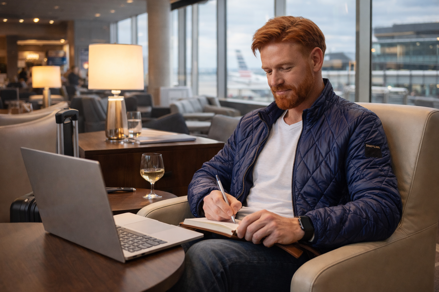 Lipe em lounge moderno de aeroporto nos Estados Unidos, conectando o guia de voos à home geral de destinos