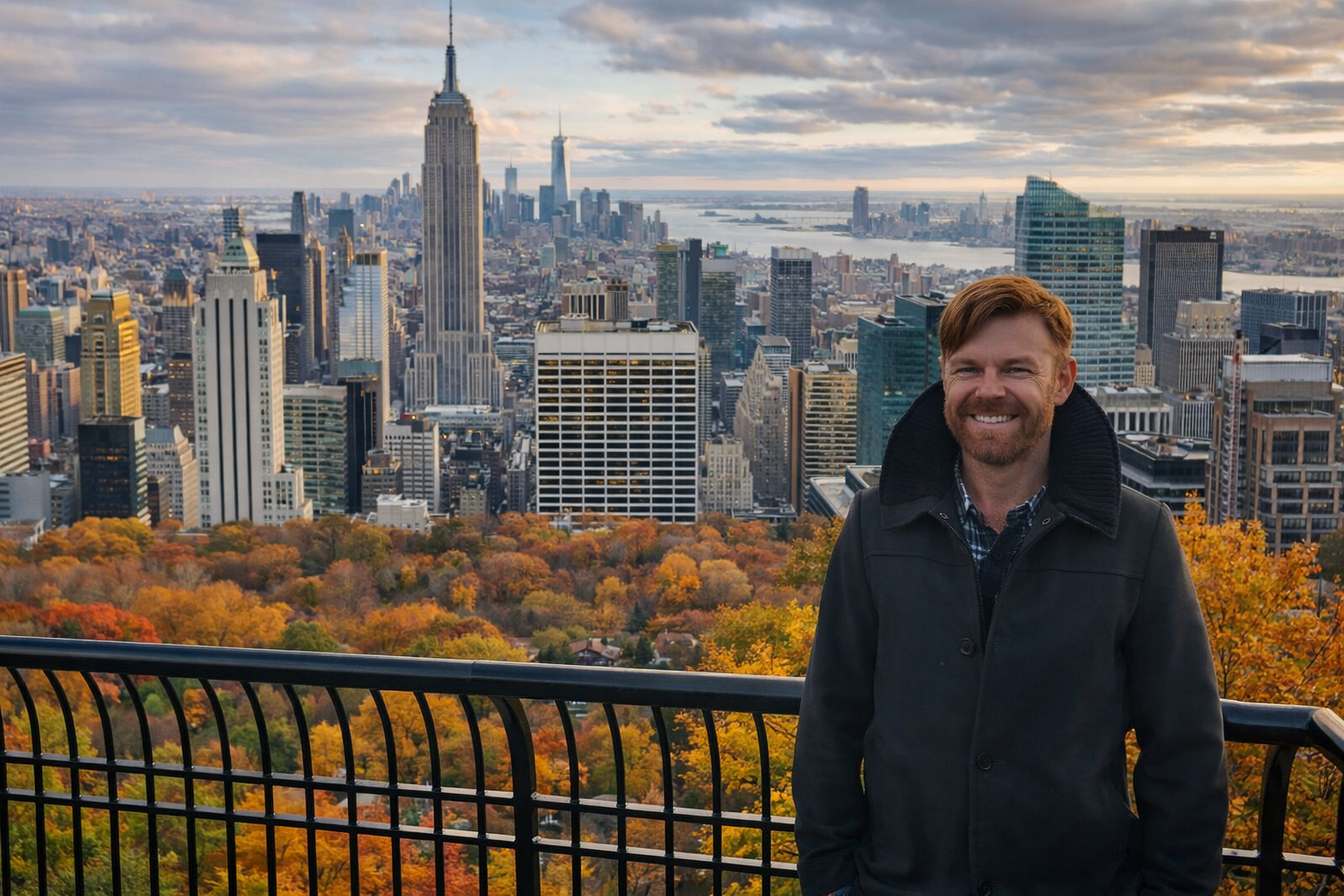 Lipe com skyline de Nova York e Central Park ao fundo no outono