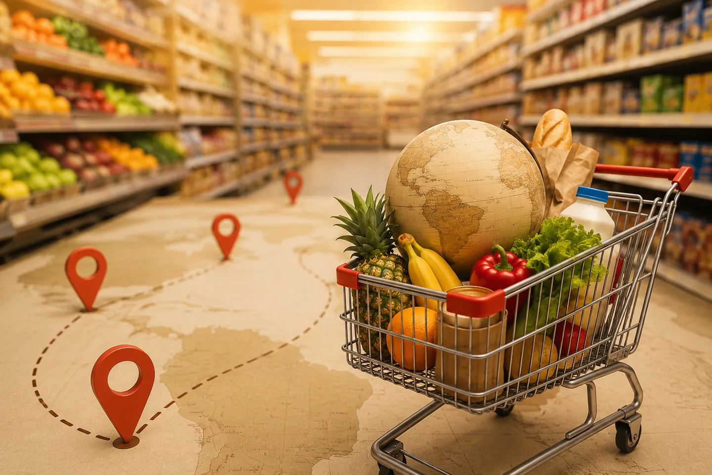 Carrinho de supermercado com globo, alimentos e marcadores de destinos sobre um mapa
