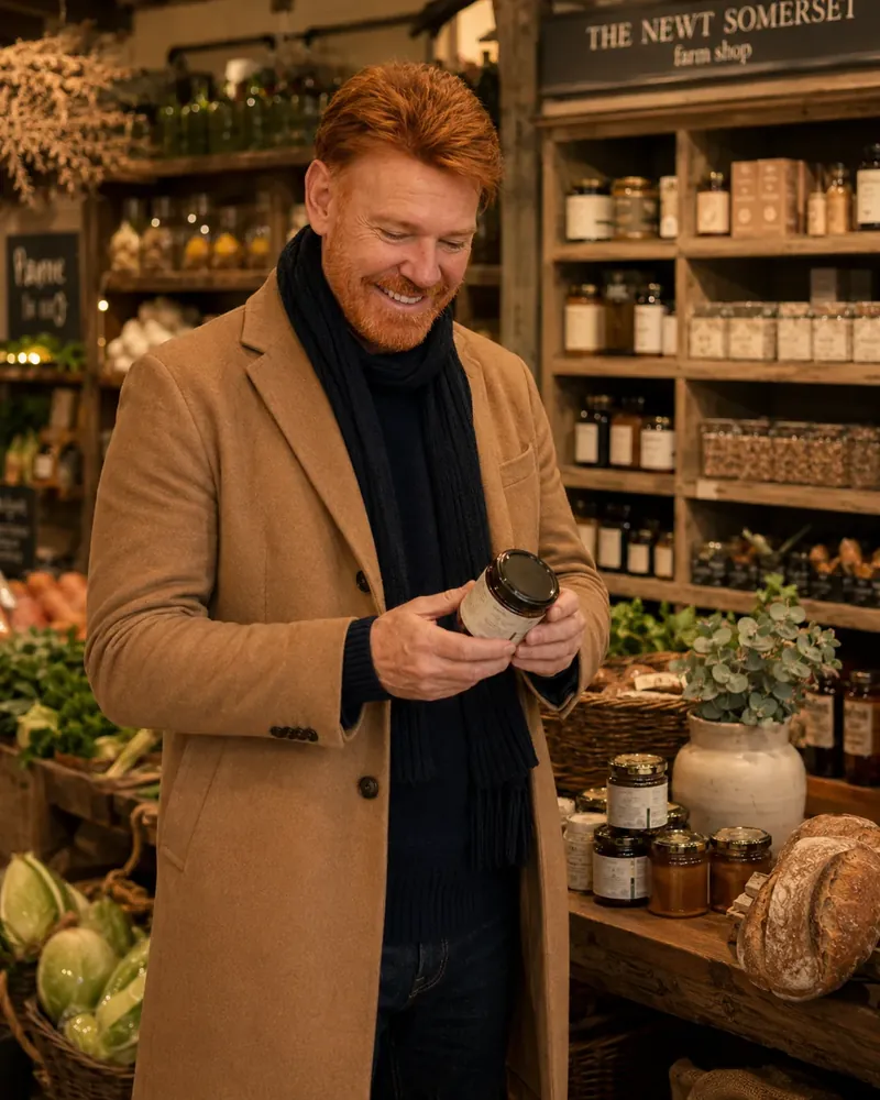 Lipe Camanzano observando um produto na The Newt Farm Shop, em Somerset